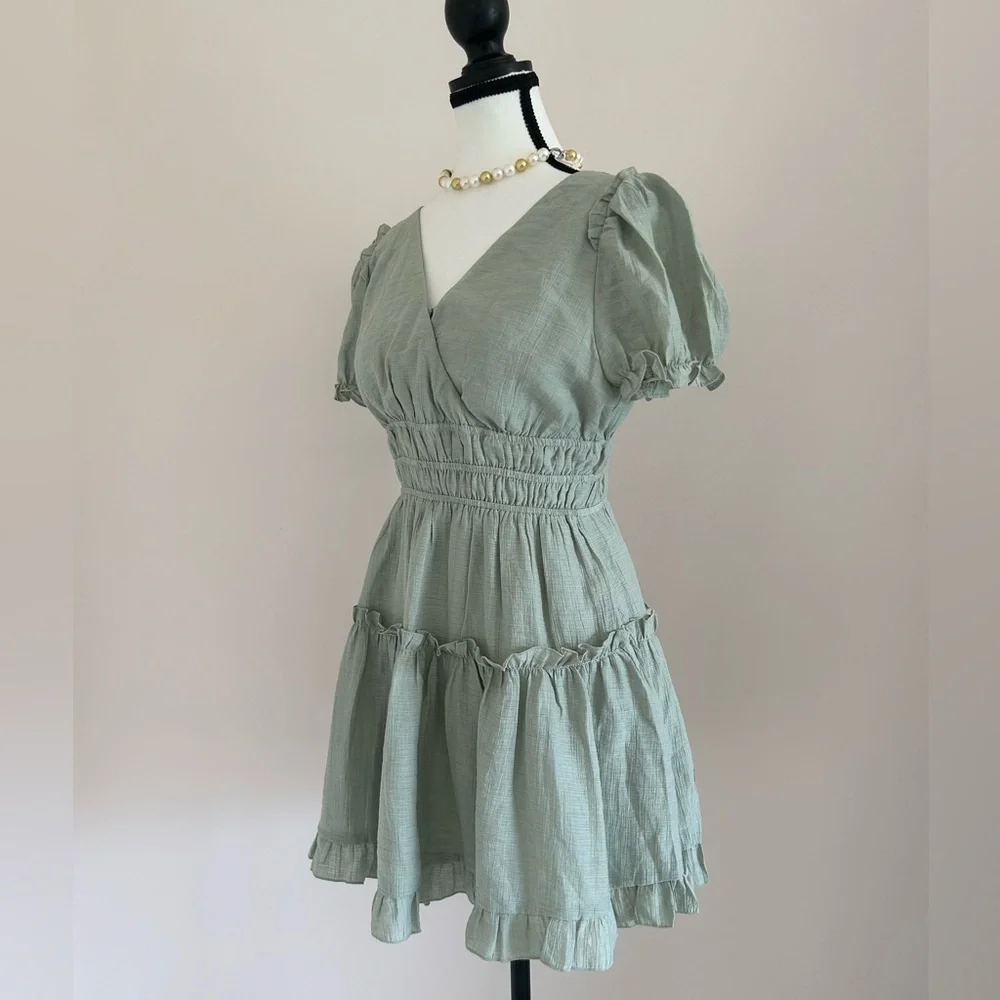 NEW Chic Sage Green Ruffle Mini Dress - Picture 6 of 10